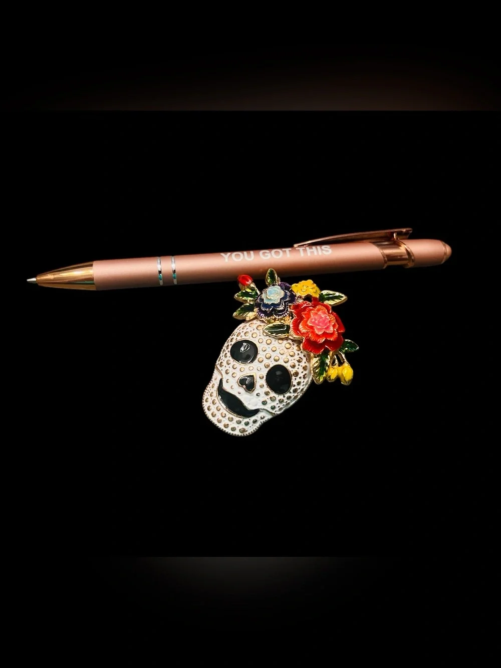 Floral Skull Enamel Gold Tone Brooch